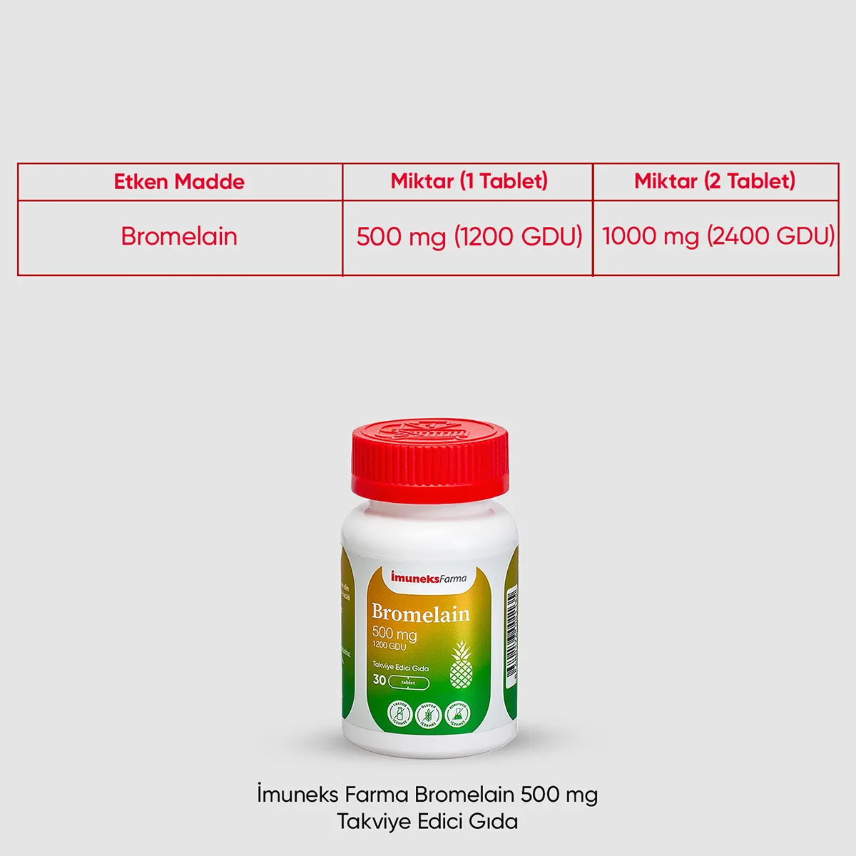 IMUNEKS Bromelain 500mg Takviye Edici Gıda (30 Tablet) - Görsel 2
